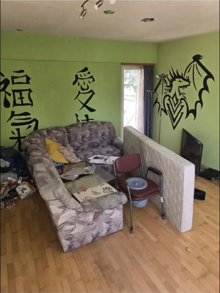 Wohnzimmer mit Polstergarnitur vor grün gestrichener Wand
